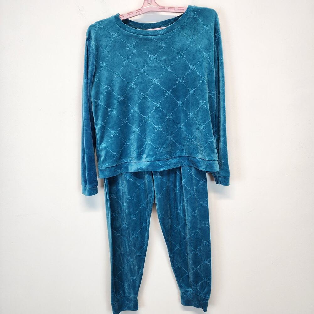 Juicy Couture Womens Velour Track Pajama Set Size S Allover Logo Teal Y2K Sleep